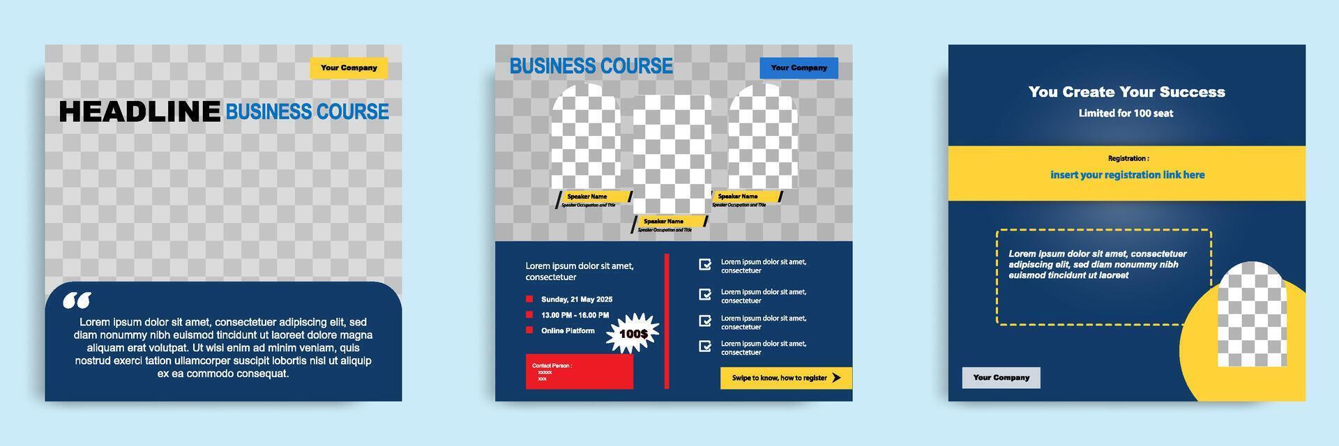 Set bundle collection of social media post template. Layout for online webinar, conference, training, seminar, course, and learning . Minimal modern and simple style in dark blue background vector