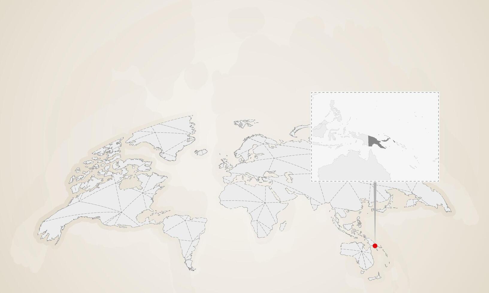 Map of Papua New Guinea with neighbor countries pinned on world map. vector