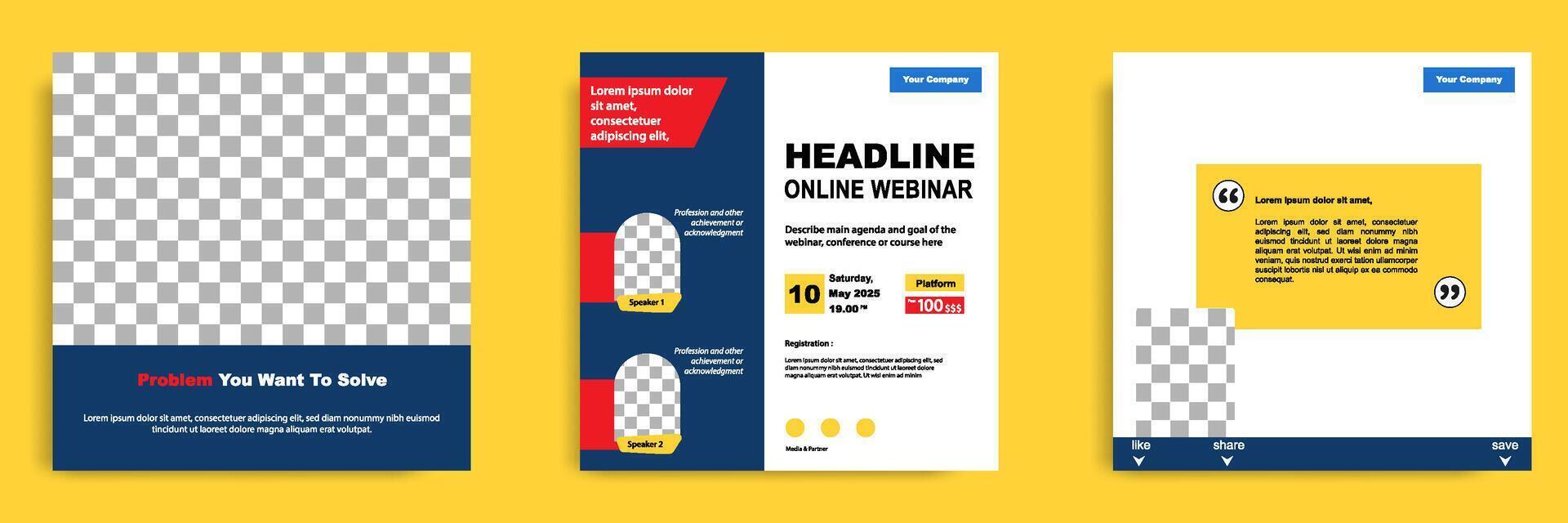 Set bundle collection of social media post template. Layout for online webinar, conference, training, seminar, course, and learning . Minimal modern and simple in blue yellow background vector