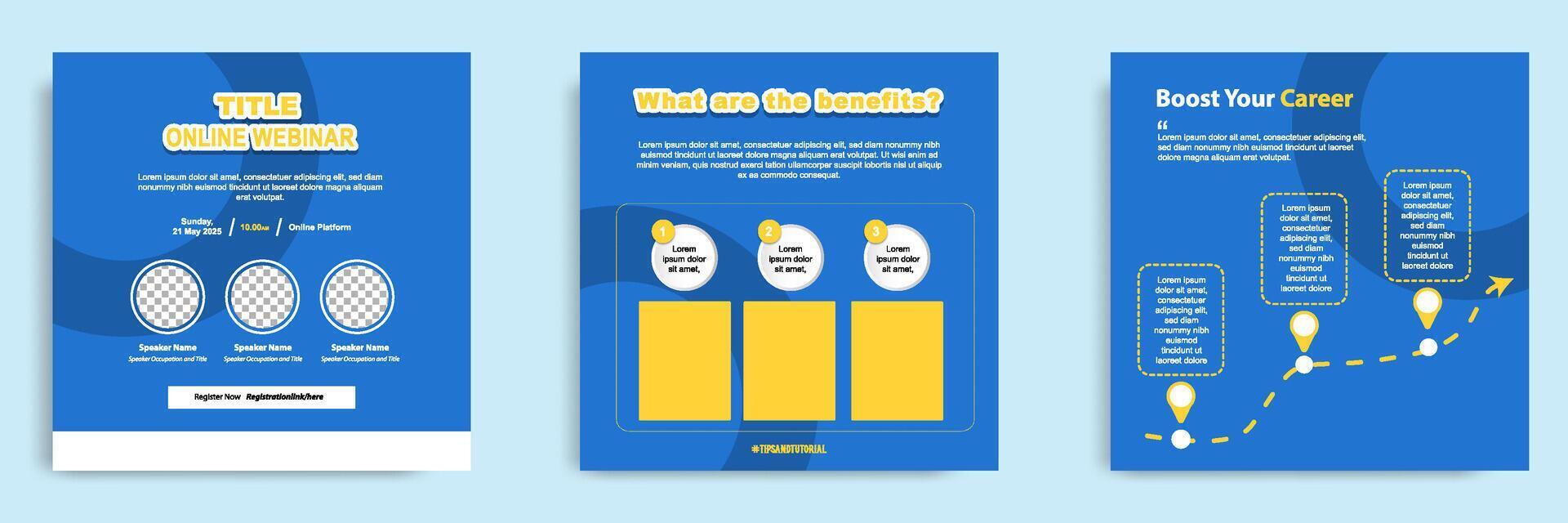 Set bundle collection of social media post template. Layout for online webinar, conference, training, seminar, course, and learning . Minimal modern and simple shape in blue color vector