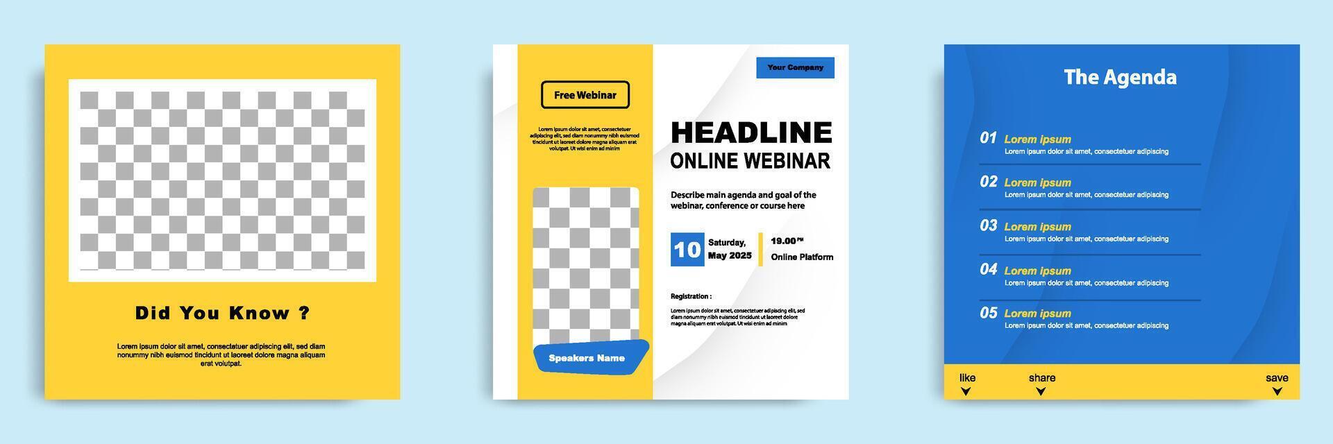 Set bundle collection of social media post template. Layout for online webinar, conference, training, seminar, course. Minimal modern and simple style. vector