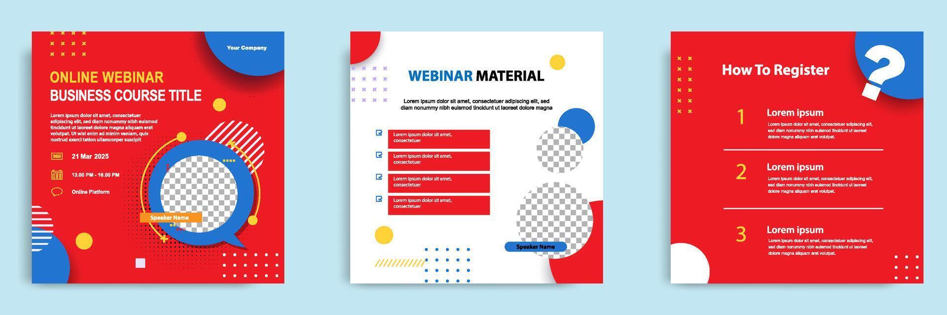 Set bundle collection of social media post template. Layout for online live webinar, conference, training, seminar, course, and learning . Minimal modern and simple in red blue background vector