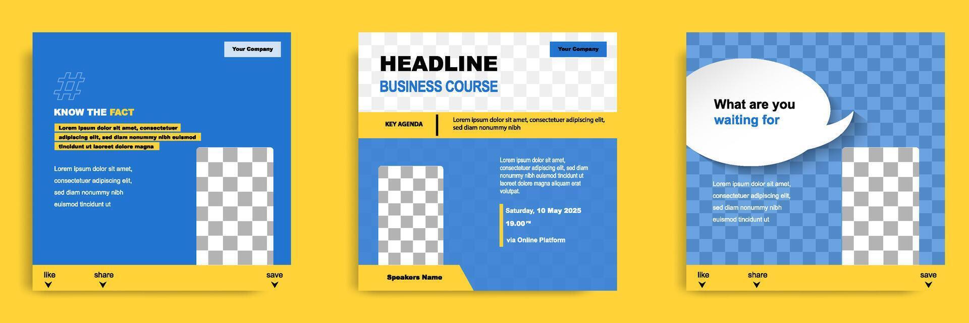 Minimal modern blue yellow social media post template. Layout for online webinar, conference, training, seminar, course, and learning . vector