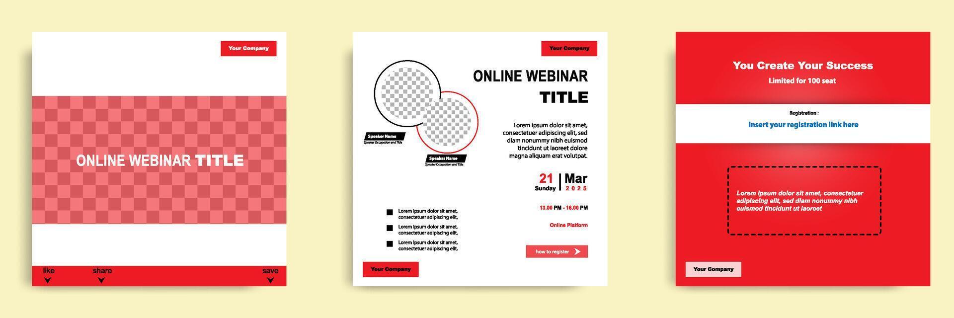 Set bundle collection of social media post template. Layout for online webinar, conference, training, seminar, course, and learning . Minimal modern and simple style in red color vector