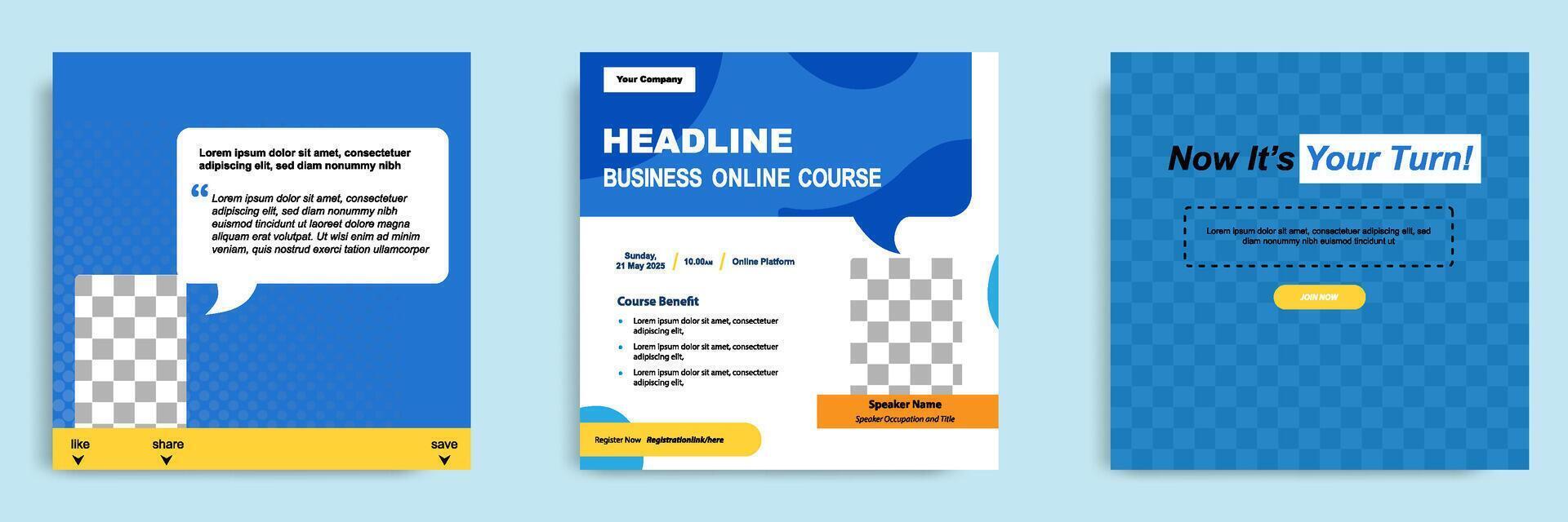Set bundle collection of social media post template. Layout for online webinar, conference, training, seminar, course, and learning . Minimal modern and simple style in blue color vector