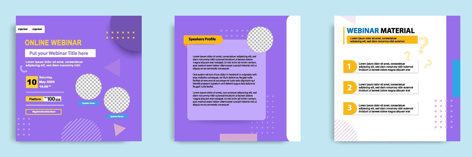 Set bundle collection of social media post template. Layout for online live webinar, conference, training, seminar, course, and learning . Minimal modern and simple style in purple color vector
