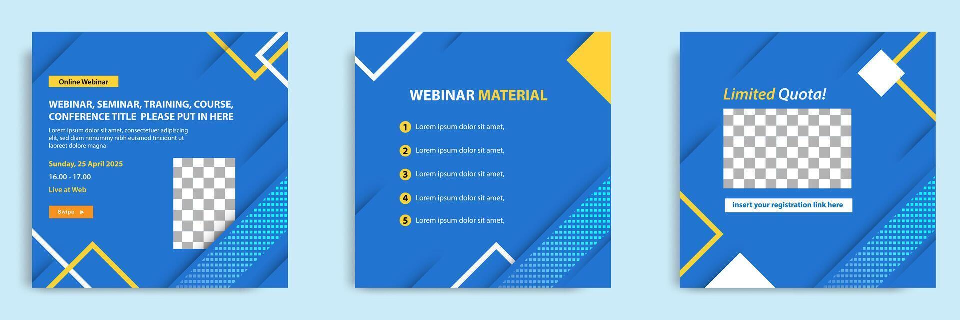 Set bundle collection of social media post template. Layout for online webinar, conference, training, seminar, course, and learning . Geometric blue background vector