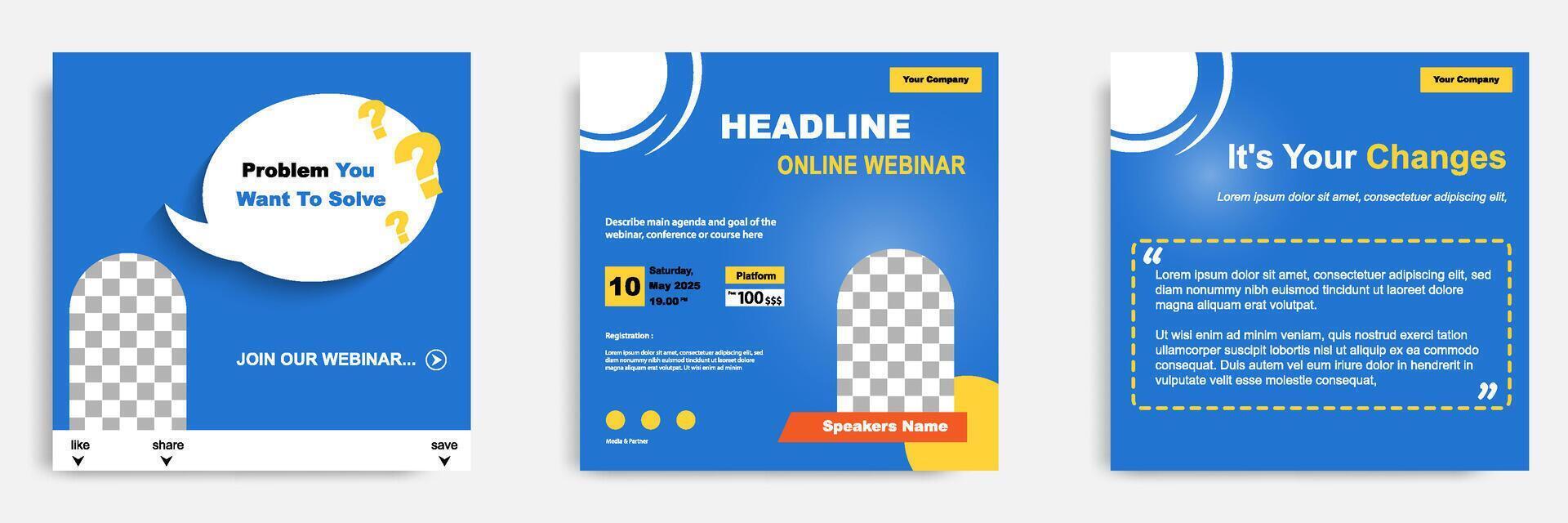 Set bundle collection of social media post template. Layout for online webinar, conference, training, seminar, course, and learning . Minimal modern and simple in blue background vector