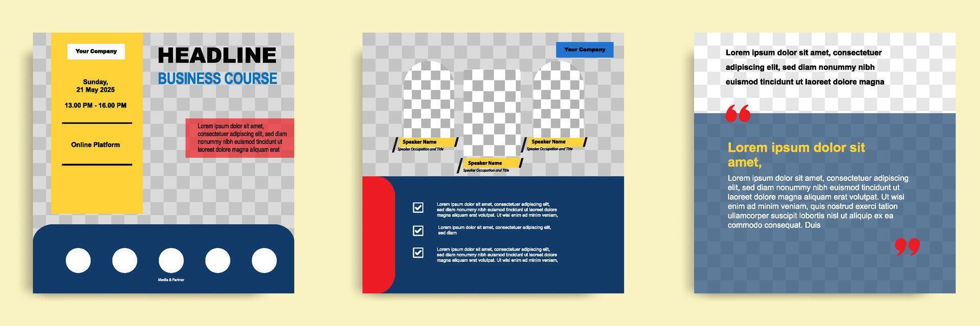 Set bundle collection of social media post template. Layout for online webinar, conference, training, seminar, course, and learning . Minimal modern and simple in dark blue background vector