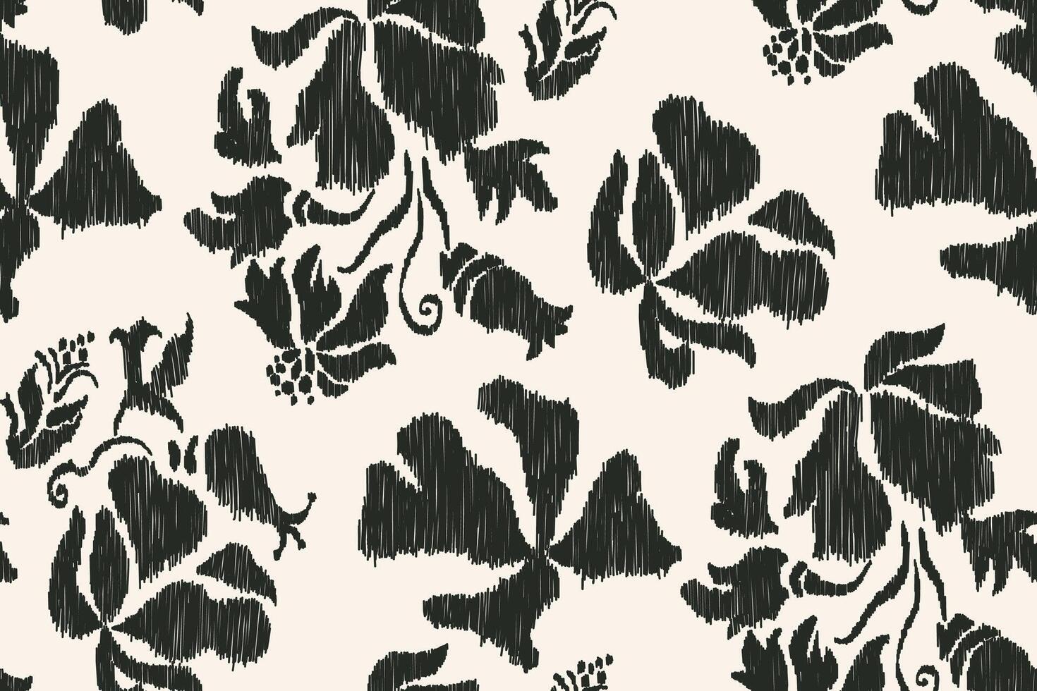 Seamless Ikat floral pattern with hand-drawn black and cream botanical elements. vector
