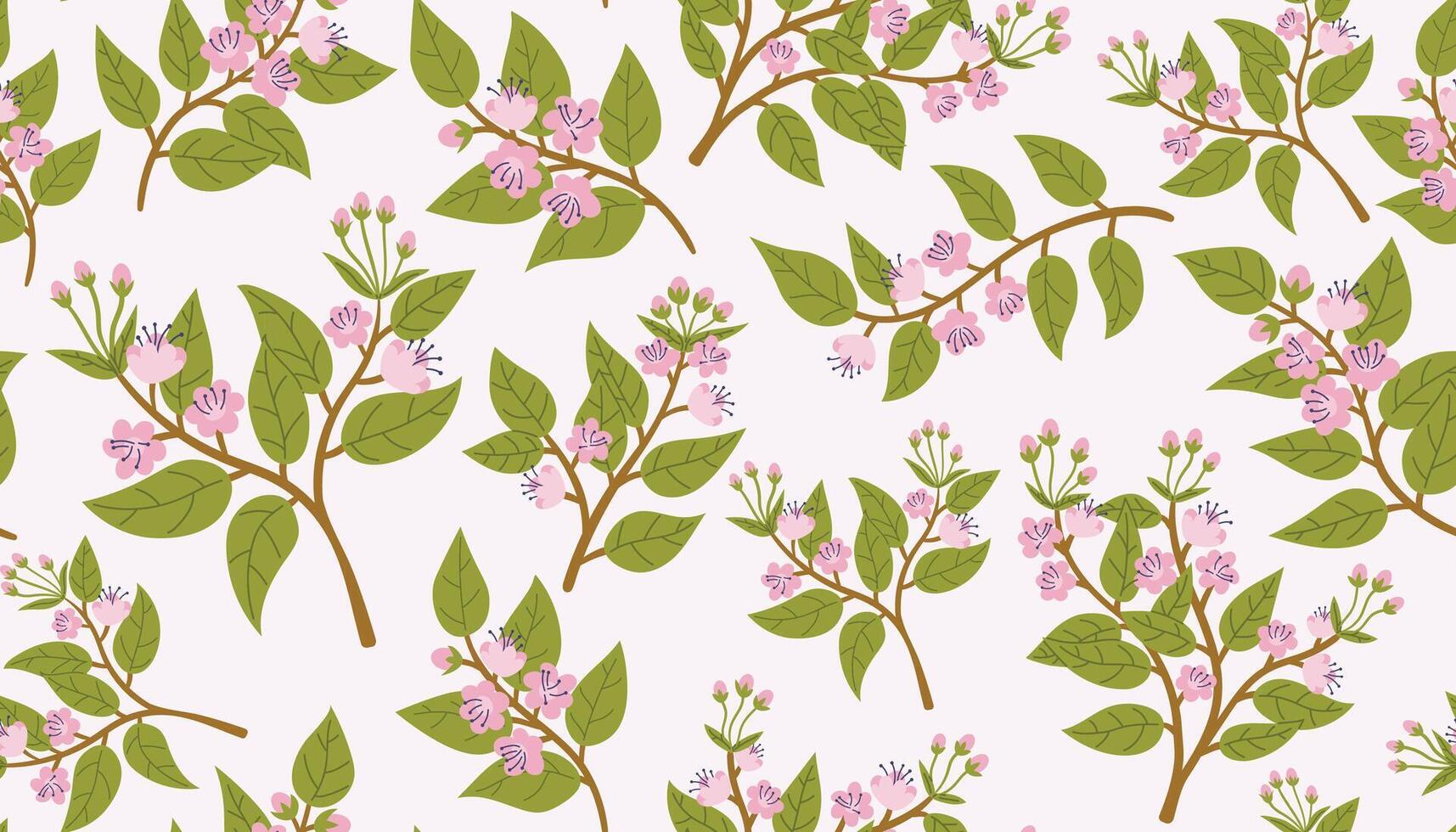 Beautiful cherry blossom branches seamless pattern. Spring background with branches and flowers. Blooming spring trees. vector