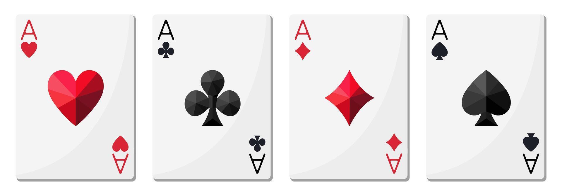 Aces of different suits of playing cards, spades, hearts, diamonds, clubs. Glossy color set, shape of crystals vector