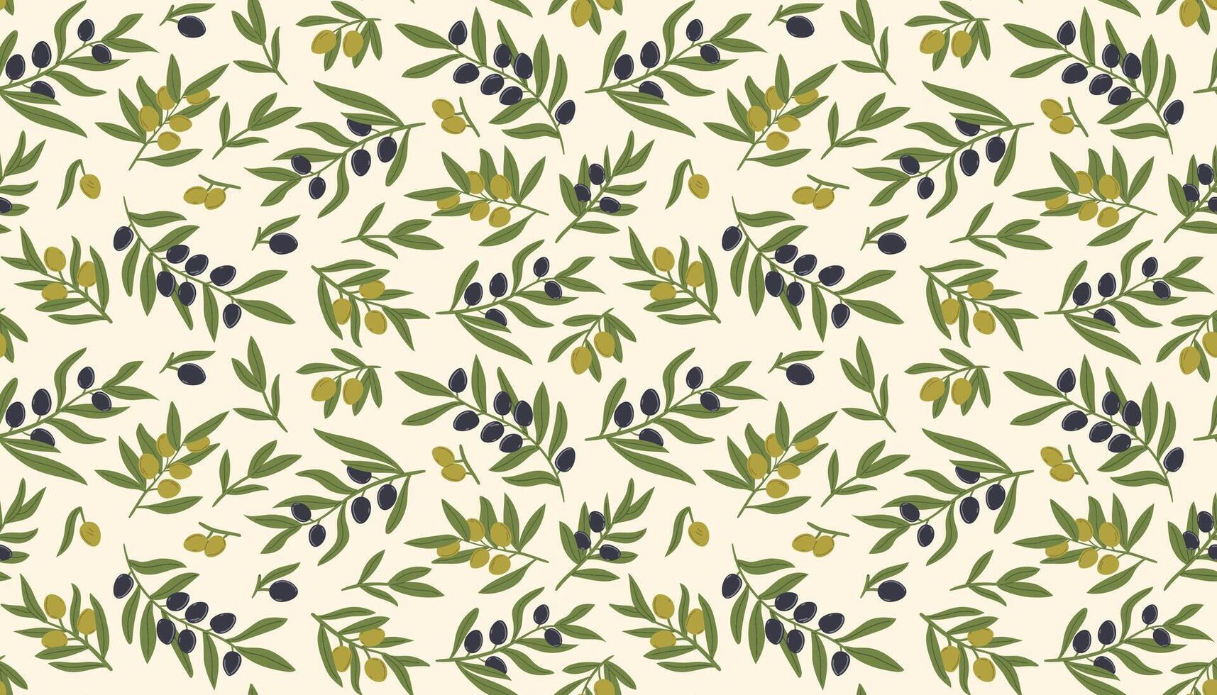 Branches with olives seamless pattern. Olive ripe black and green fruits background. Branding concept for olive oil company, organic, eco-friendly products and culinary services vector