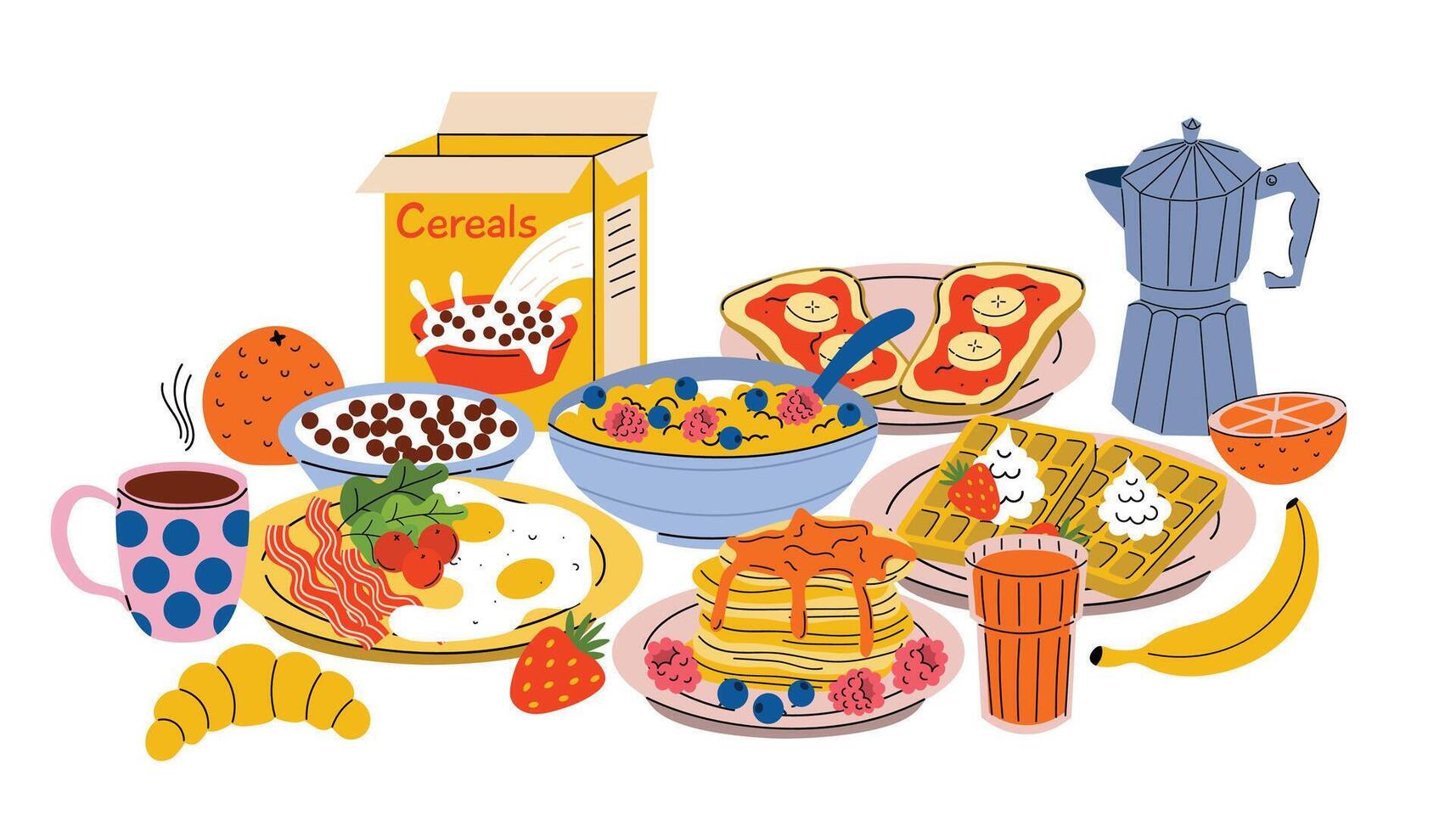 Breakfast food for family. Cartoon morning dish menu collection for cafe, home or hotel. Bacon with fried eggs, toasts with jam, waffles, pancakes and cereals isolated on white. vector