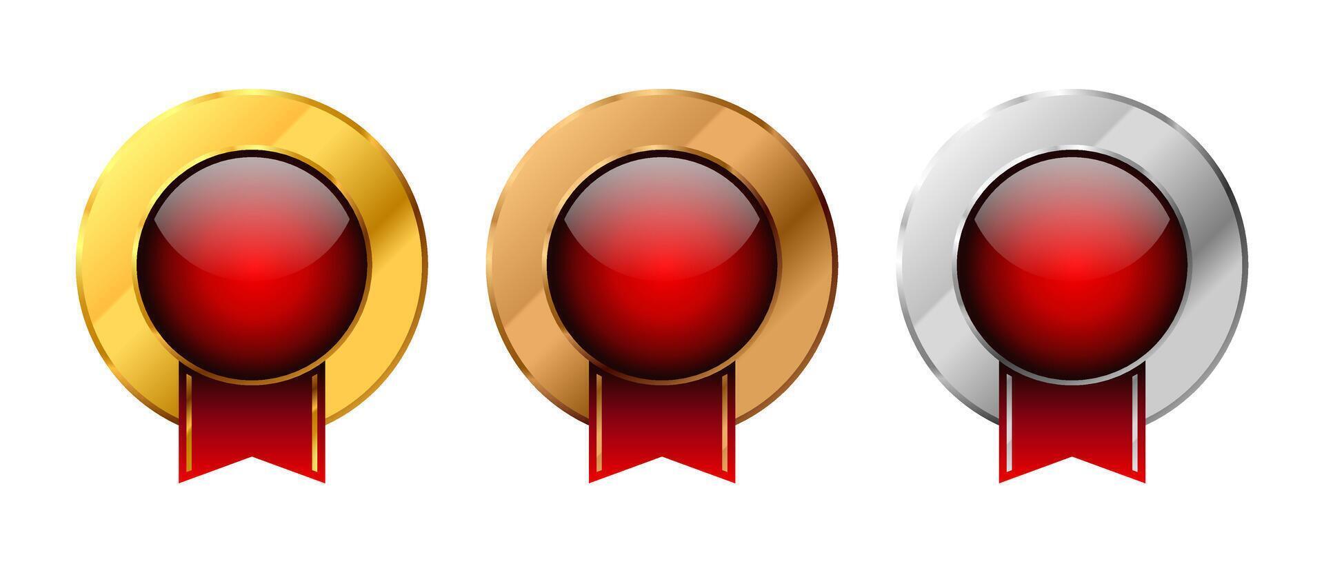 Gold, silver and bronze glossy shiney medals with ribbon set illustration. Label badge icon template vector