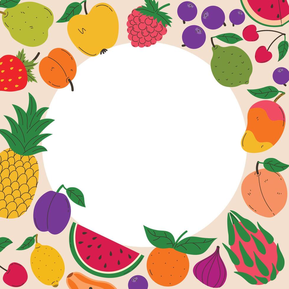 Summer frame with fruits and berries. Summer juicy background. Modern trendy design for card, cover, poster and more. vector
