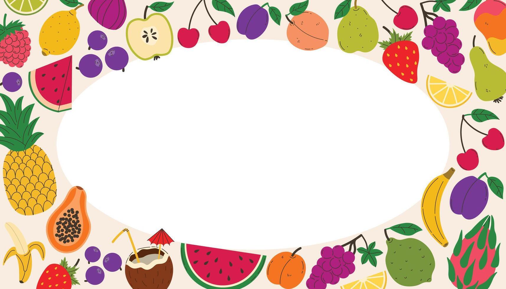 Bright summer border with fruits and berries. Summer juicy frame with watermelon and pineapple, strawberry and more. Modern trendy design for card, cover, poster. vector