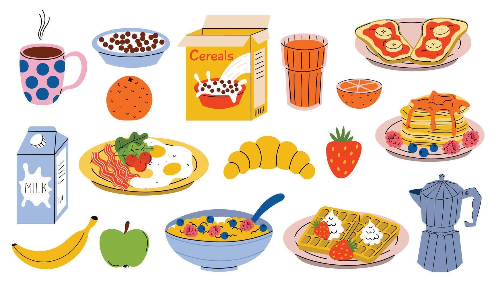 Breakfast set with eggs and cereals, fruits and coffee, pancakes and orange juice. Food collection of design elements. vector