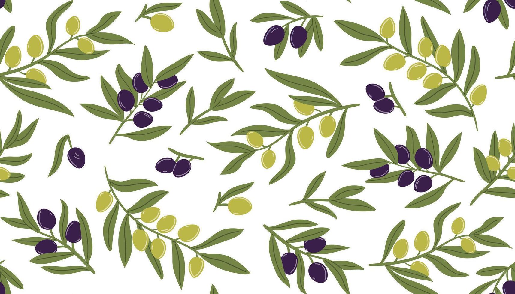 Branches with olives seamless pattern. Olive ripe black and green fruits background. Branding concept for olive oil company and culinary services vector