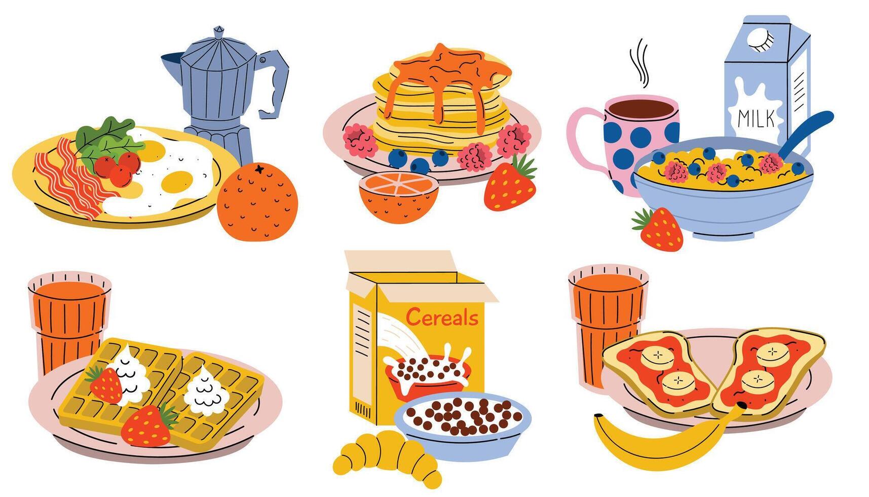 Breakfast food on plate set. Cartoon morning dish menu collection for cafe, home or hotel. Bacon with fried eggs, toasts with jam, waffles, pancakes and cereals isolated on white. vector