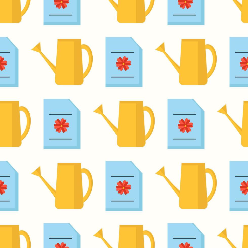 Seamless pattern with watering cans and flower seed bags vector