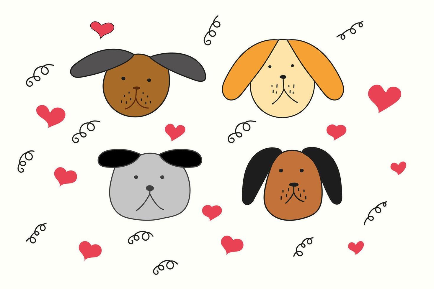 Charming set of cartoon dog faces surrounded by hearts and swirls vector