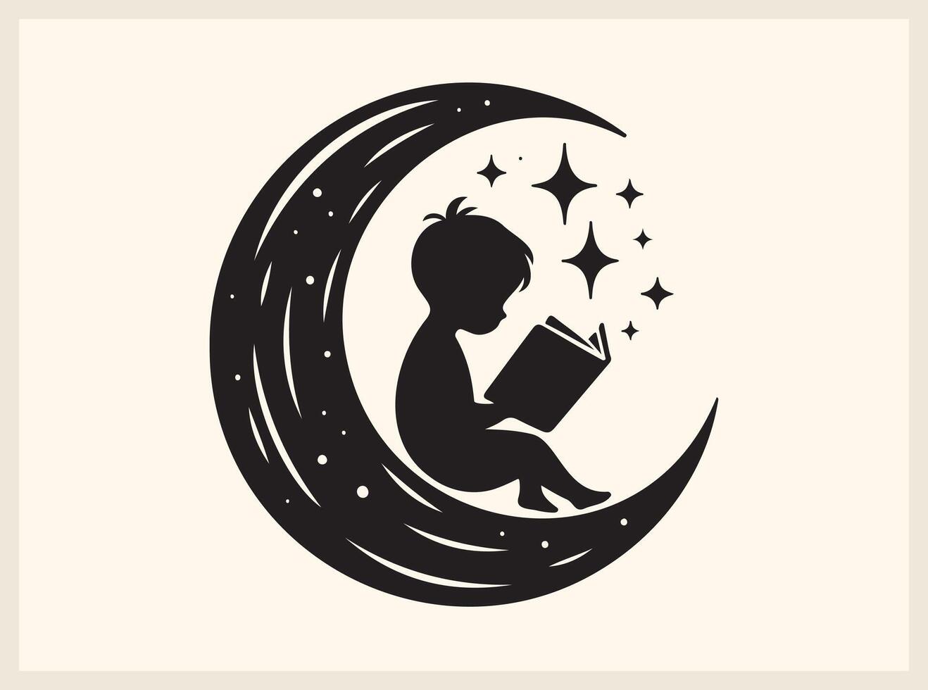 Night Sky Children Reading Book in Crescent Moon for Enchanted Designs vector
