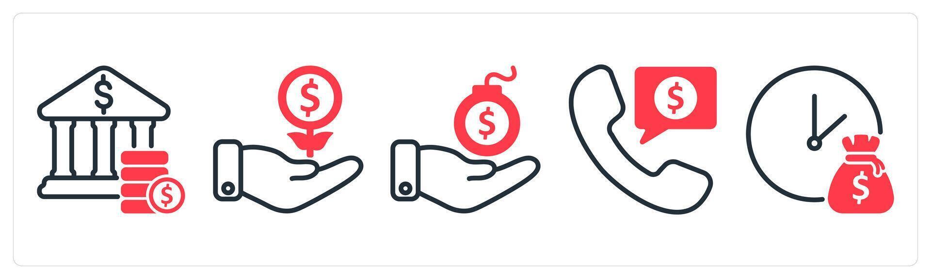 A set of 5 business icons as bank savings, investment growth, debt vector