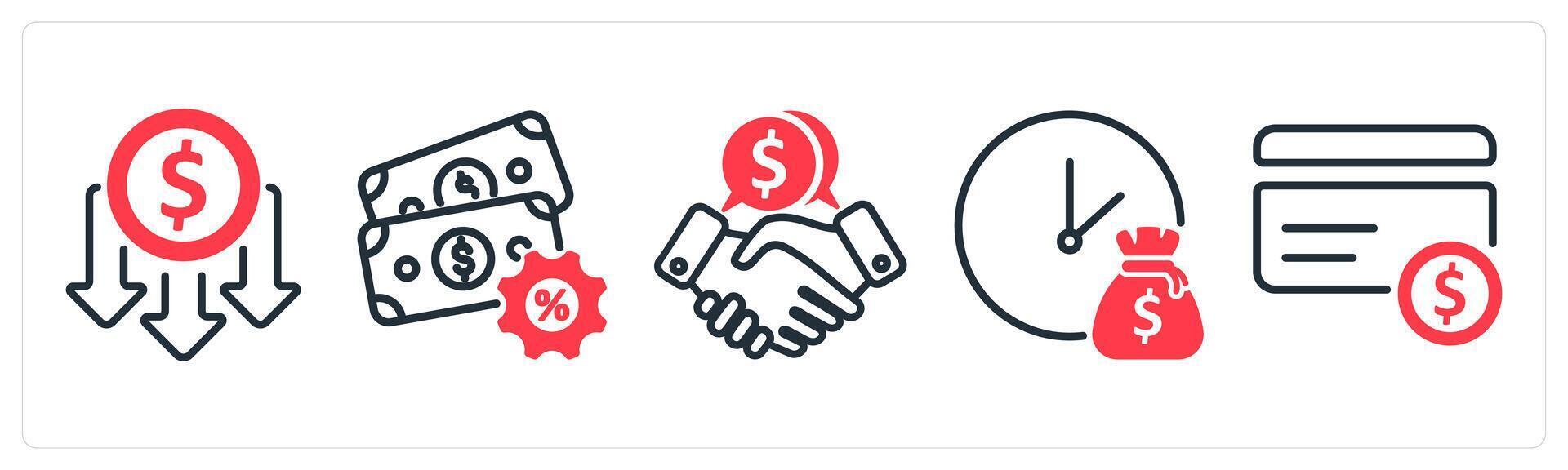 A set of 5 business icons as lower cost, tex service, business deal vector