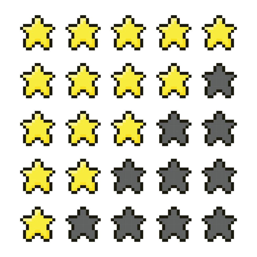Pixel Art Star Rating System with Yellow and Gray Stars for Retro Gaming UI and Digital Interface Design vector
