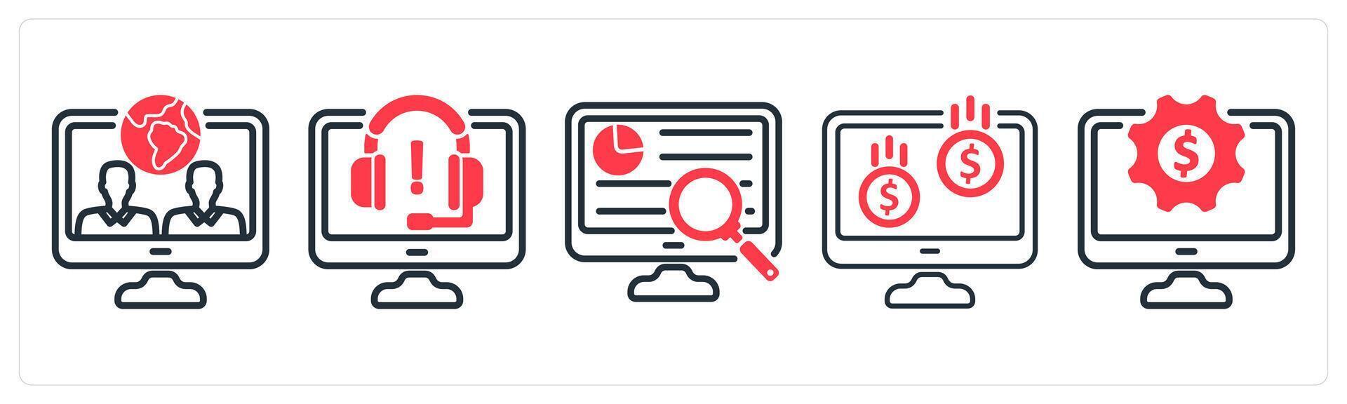 A set of 5 business icons as virtual team, online support, research vector