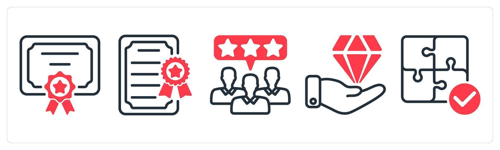 A set of 5 business icons as certificate, business license, customer review vector