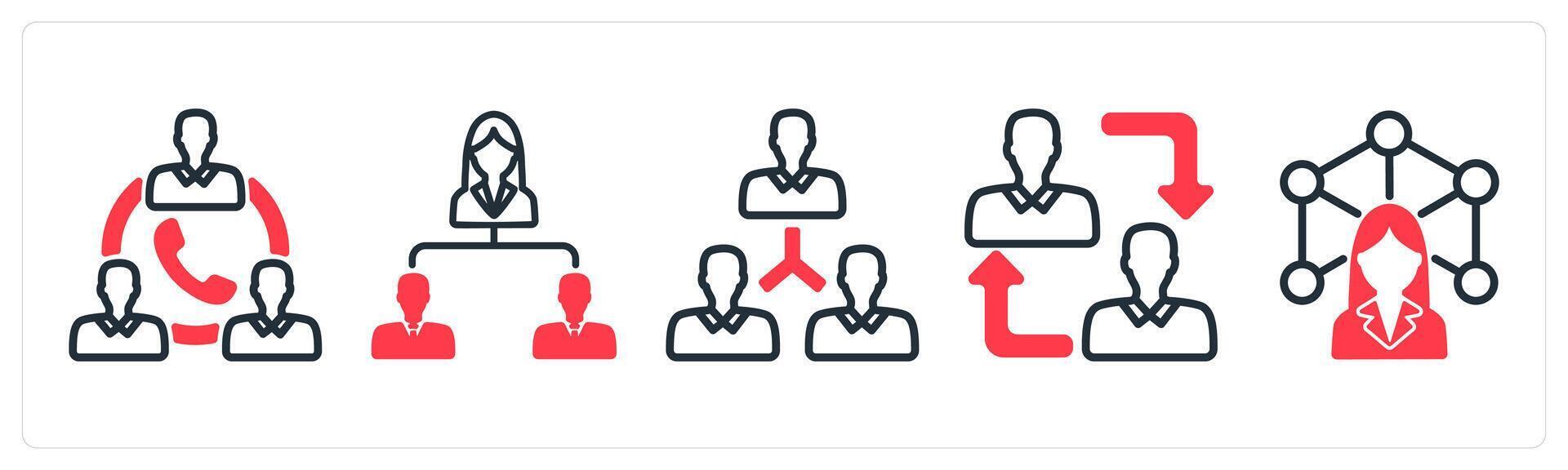 A set of 5 business icons as team communication, business hierarchy, user network vector