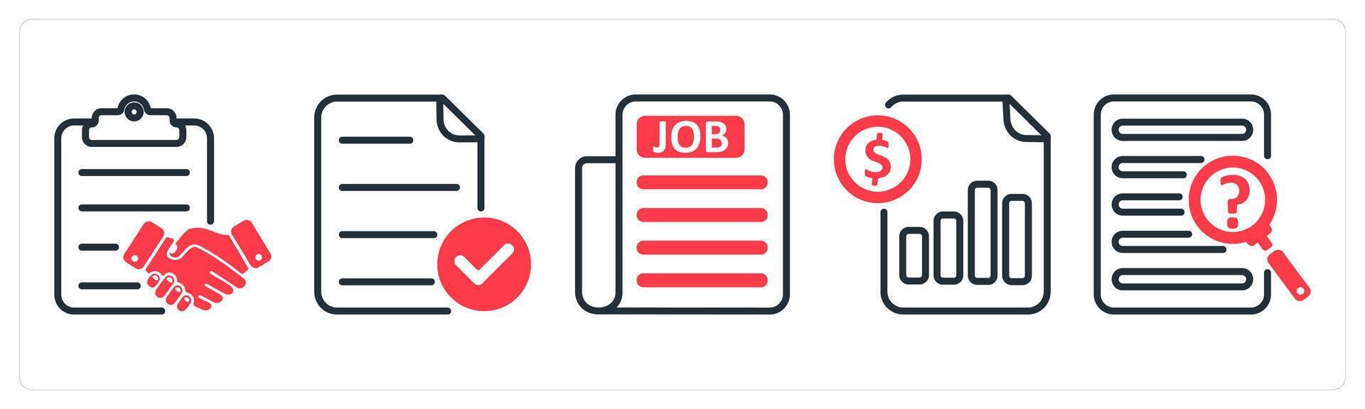 A set of 5 business icons as agreement, verified file, job newspaper vector