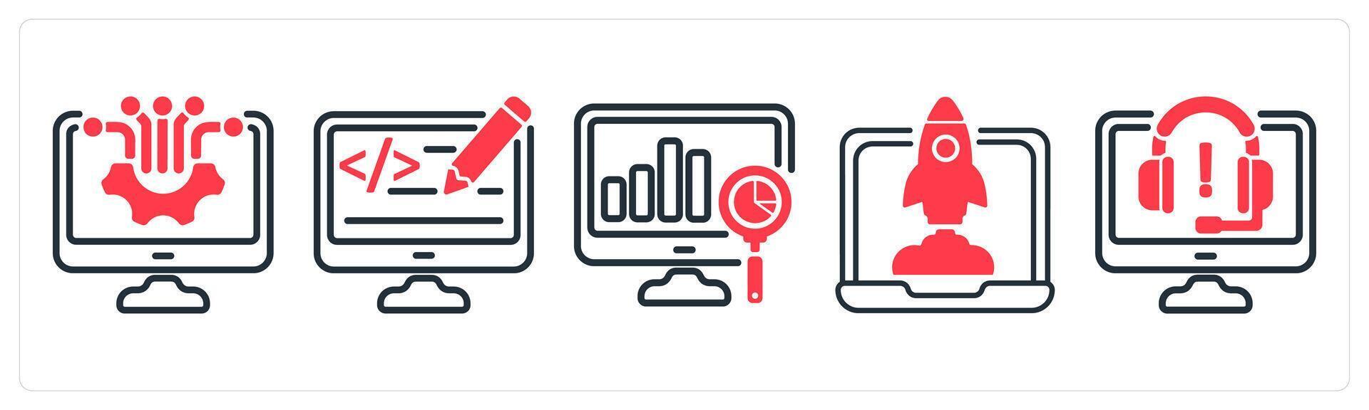 A set of 5 business icons as computer technology, web designing, analysis vector