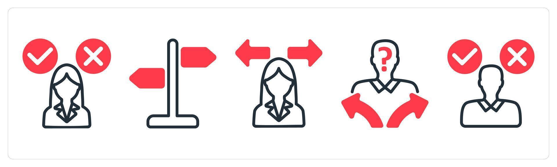 A set of 5 business icons as decision making confusion, direction sign, confusion in decision making vector