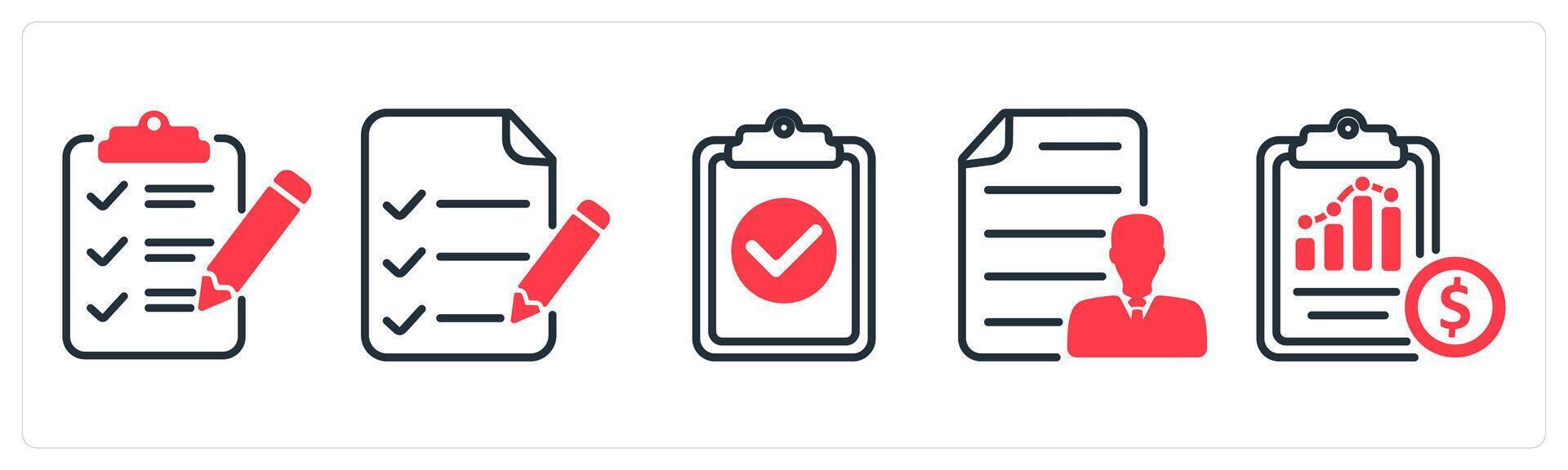 A set of 5 business icons as testing sheet, checklist, task done vector