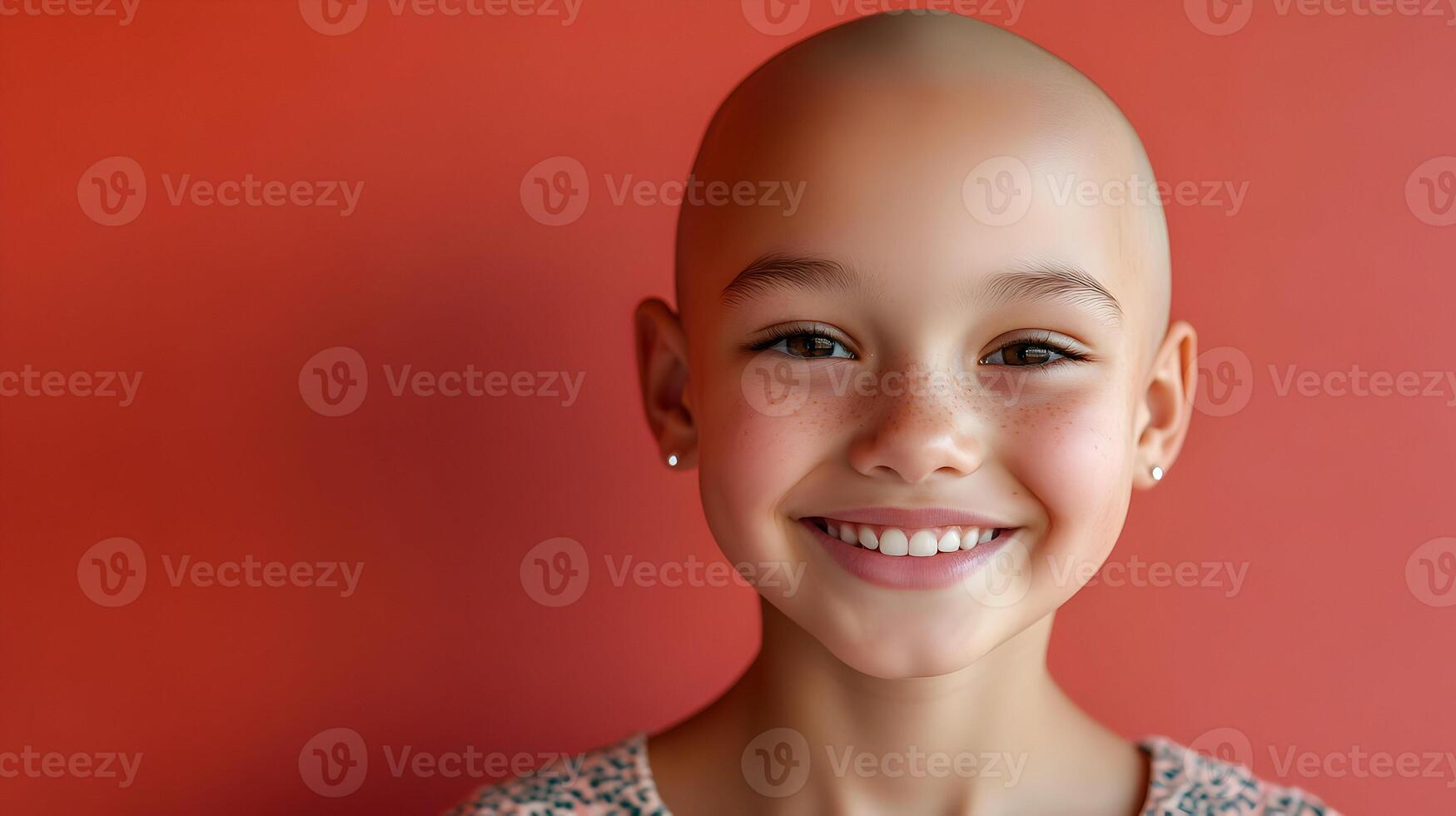 Portrait of a young bald girl smiling bravely, showcasing strength and cheerful disposition photo