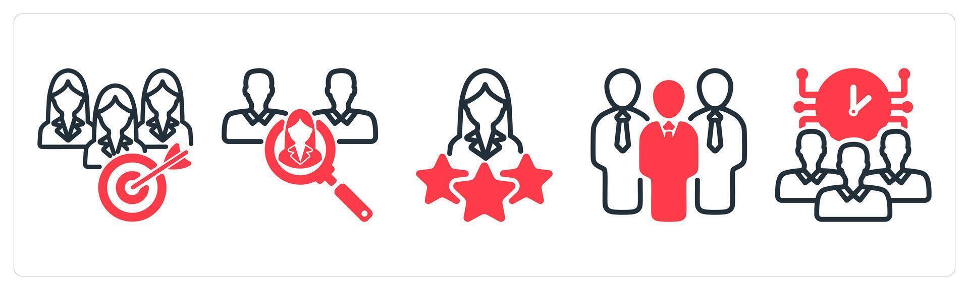 A set of 5 business icons as teamwork goal, recruitment, premium user vector