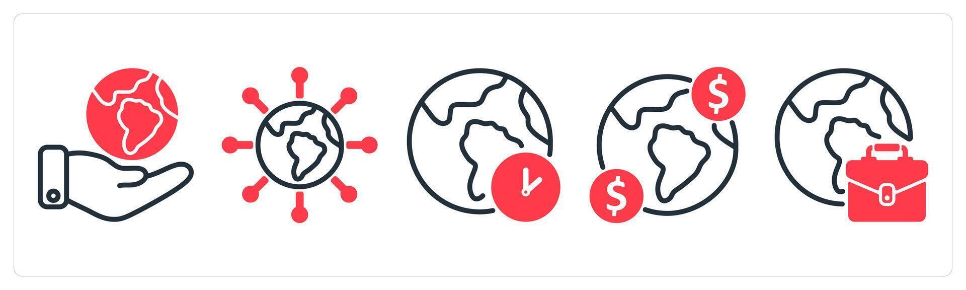 A set of 5 business icons as global community, connectivity, time zone vector