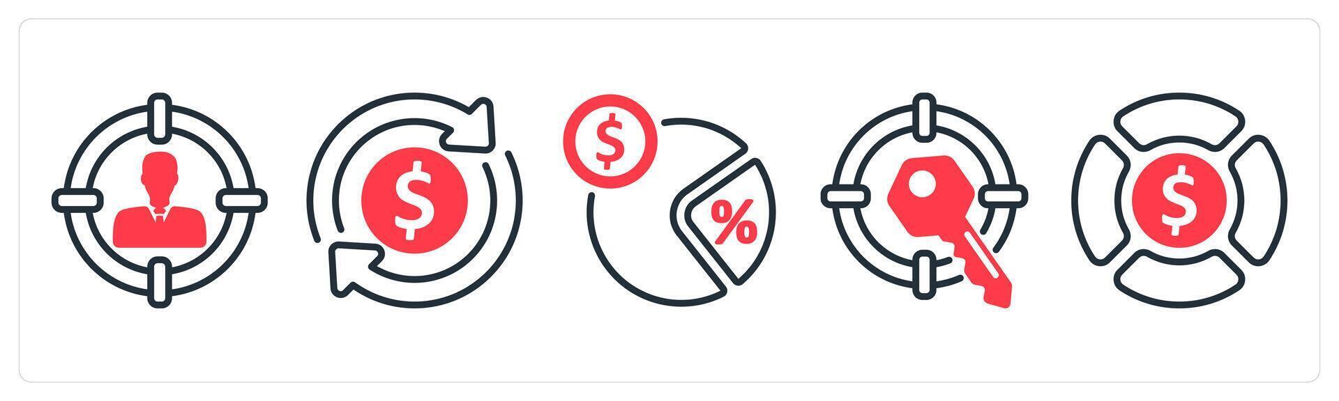 A set of 5 business icons as target customer, tax refund, tax rate vector