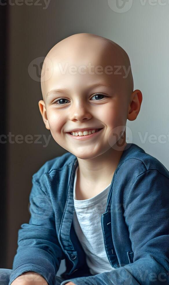 Portrait of a smiling child battling cancer with hope and strength in his eyes shining brightly photo