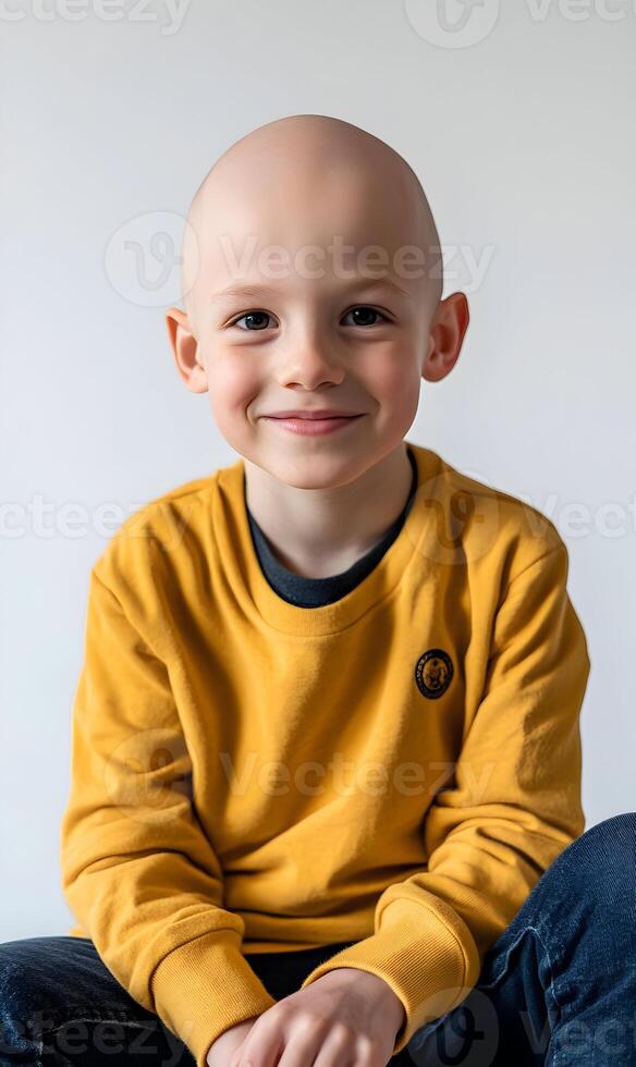 Brave young boy fighting illness, radiating resilient spirit during difficult situation photo
