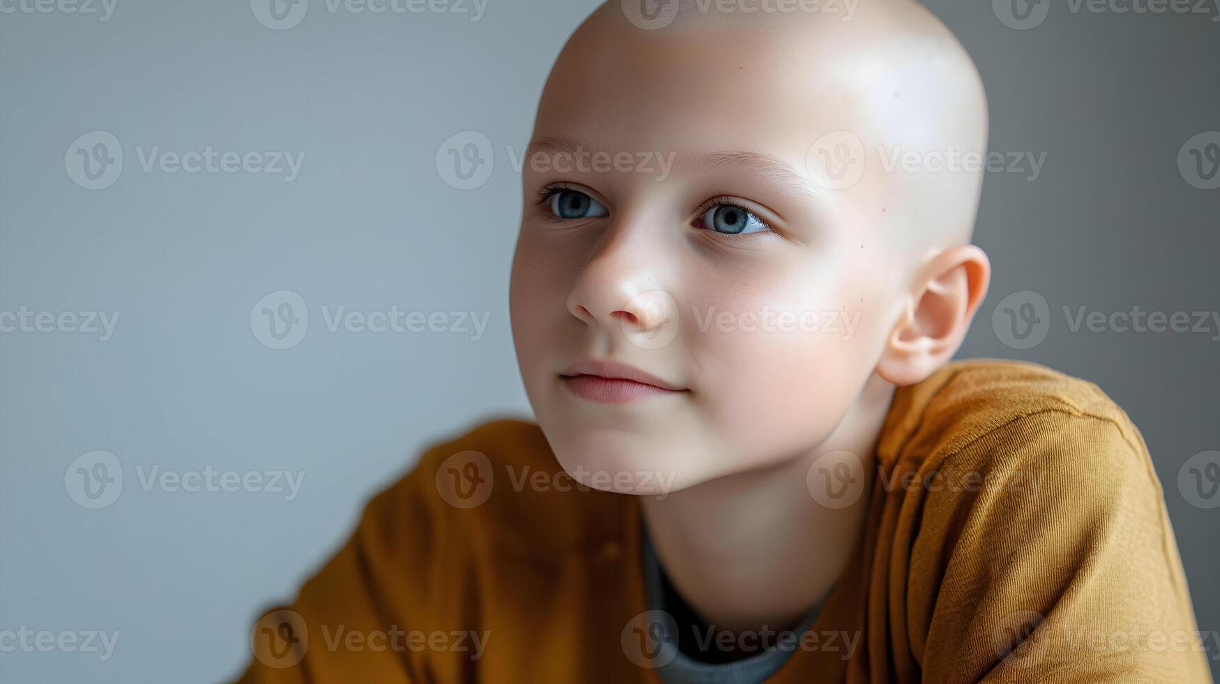 Portrait of a Boy with a Shaved Head displaying Strength and Determination, Childhood Illness photo