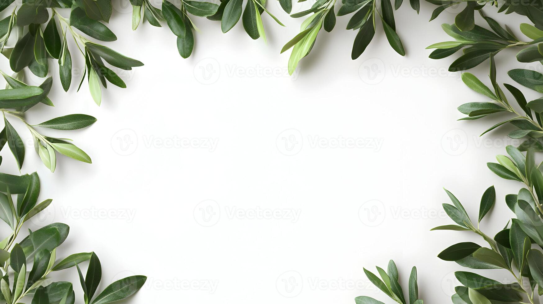 Botanical frame of olive branches with green leaves on translucent background, space for text photo