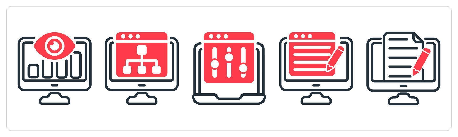 A set of 5 business icons as seo monitoring, web hierarchy, refine webpage vector