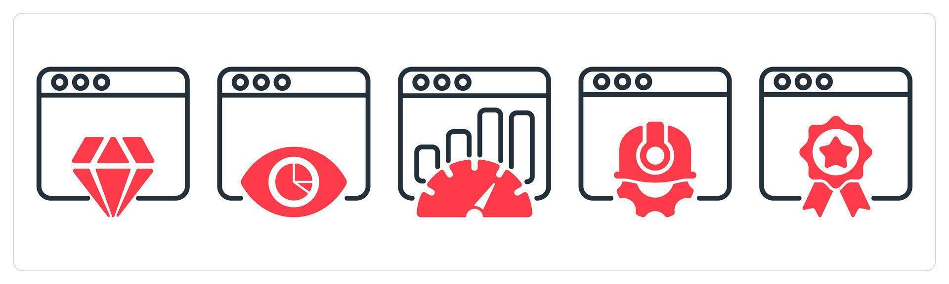 A set of 5 business icons as website reputation, impression report, seo performance vector