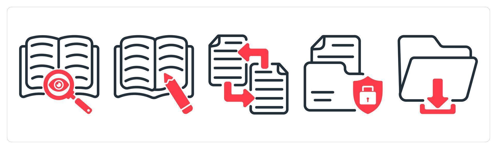A set of 5 business icons as find content, article writing, file transfer vector
