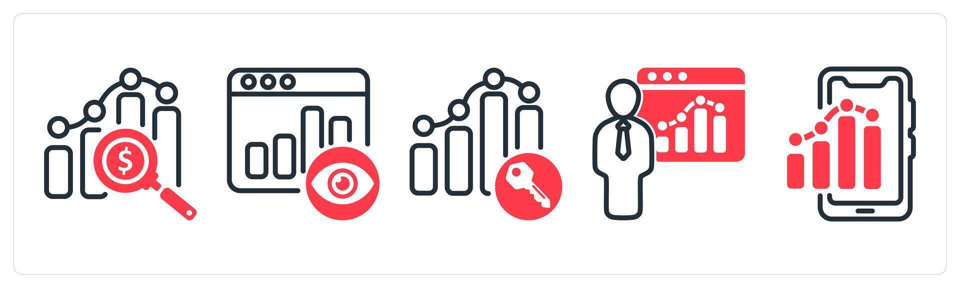 A set of 5 business icons as marketing research, page view, keyword ranking vector