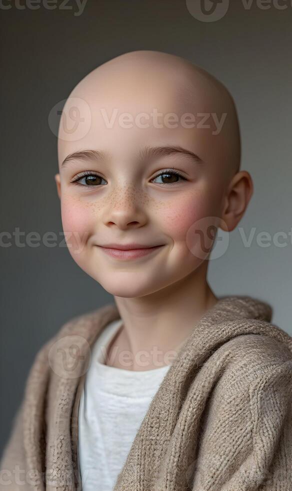Courageous spirit shines through a bald child's hopeful expression embracing positive outlook photo